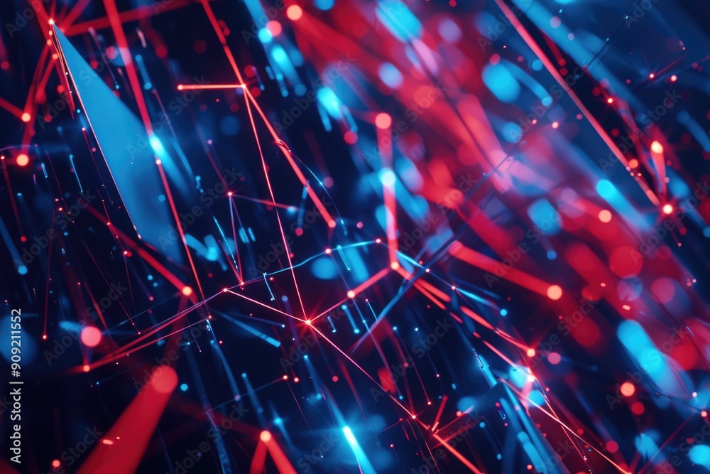 Poster a close-up shot of a cluster of red and blue lights, possibly from a cityscape or decorative display