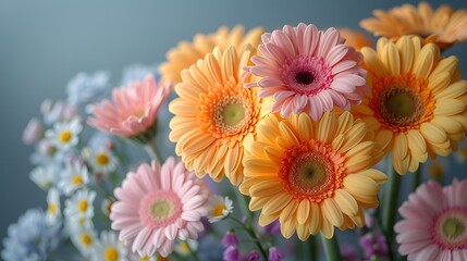 Fototapeta premium A bouquet of flowers with a variety of colors including pink, orange, and yellow. The flowers are arranged in a vase and are placed on a table. Scene is cheerful and vibrant