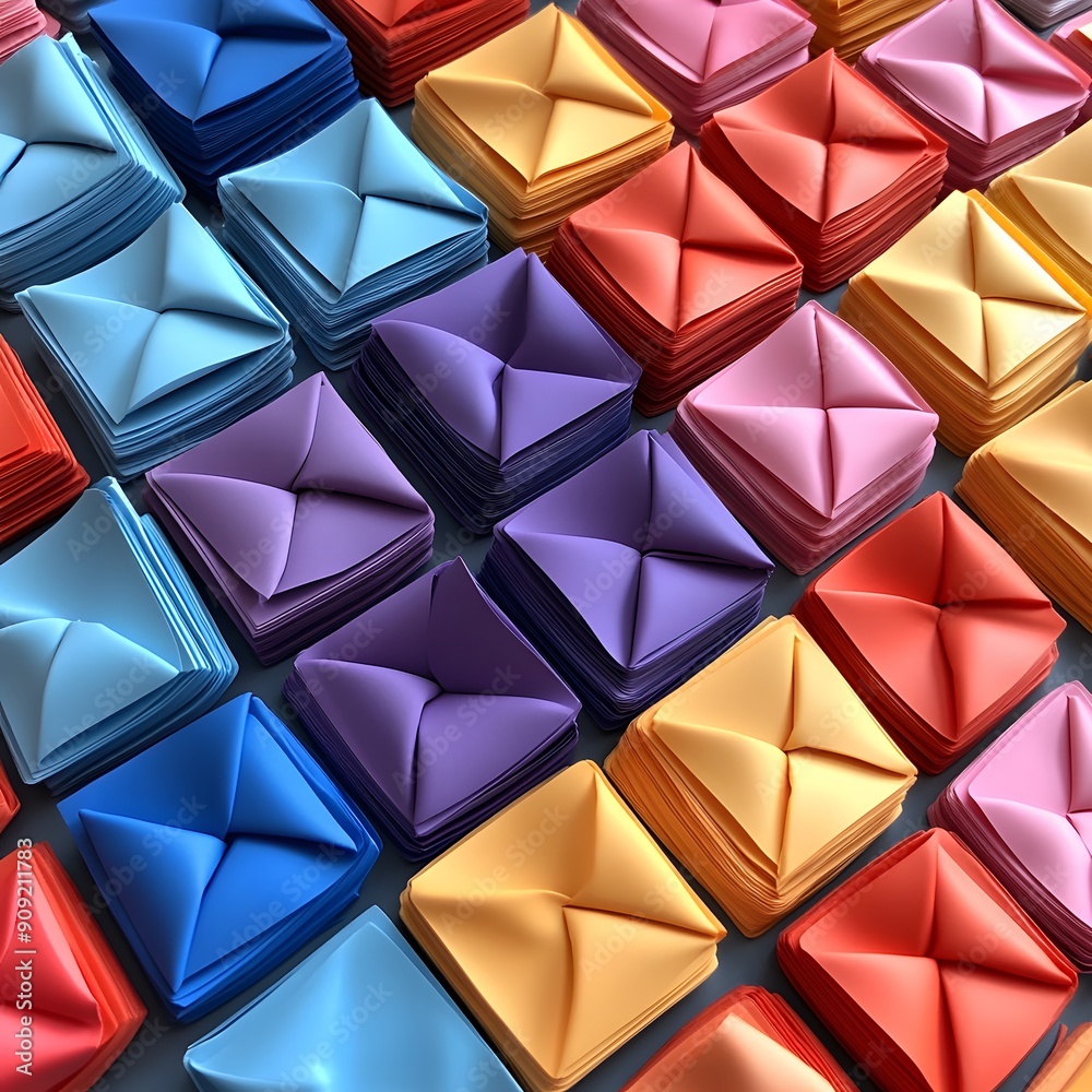 Wall mural A colorful stack of origami paper with various shades of blue, purple, pink, orange, and yellow