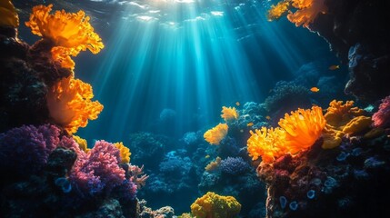 Fototapeta premium Vibrant underwater scene of a coral reef with colorful corals and fish. Ideal for marine life themes, ocean conservation, and nature backgrounds