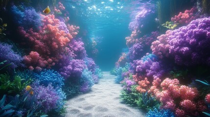 Naklejka premium Vibrant underwater scene of a coral reef with colorful corals and fish. Ideal for marine life themes, ocean conservation, and nature backgrounds