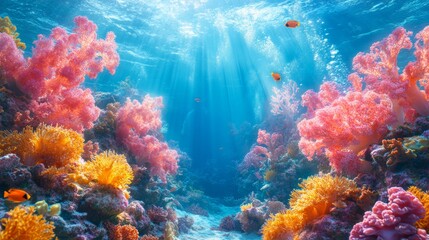 Fototapeta premium Vibrant underwater scene of a coral reef with colorful corals and fish. Ideal for marine life themes, ocean conservation, and nature backgrounds