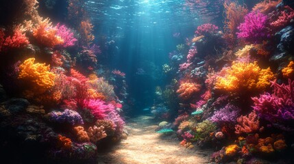 Naklejka premium Vibrant underwater scene of a coral reef with colorful corals and fish. Ideal for marine life themes, ocean conservation, and nature backgrounds