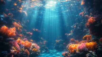 Naklejka premium Vibrant underwater scene of a coral reef with colorful corals and fish. Ideal for marine life themes, ocean conservation, and nature backgrounds