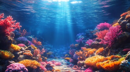 Naklejka premium Vibrant underwater scene of a coral reef with colorful corals and fish. Ideal for marine life themes, ocean conservation, and nature backgrounds