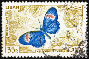 Postage stamp Lebanon 1965 red postman butterfly, heliconius erato cybria