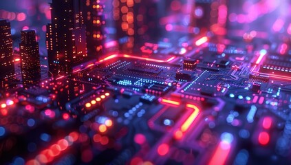 Fototapeta premium Neon Cityscape on a Circuit Board