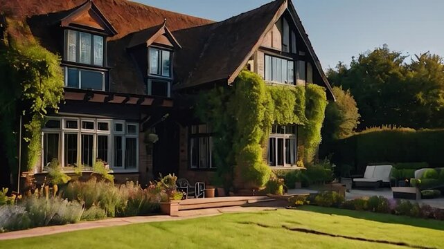 Charming English Country House with Ivy Covered Walls and Lush Gardens