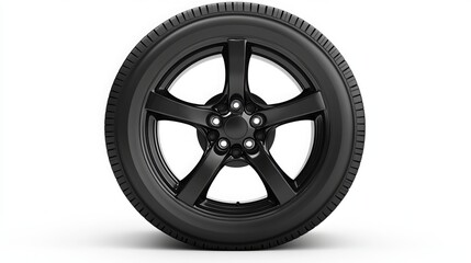 Fototapeta premium A black tire with a wheel isolated on a white background.