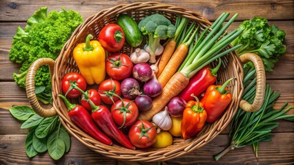 A Basket of Fresh Vegetables, Tomatoes, peppers, onions, garlic, carrots, broccoli