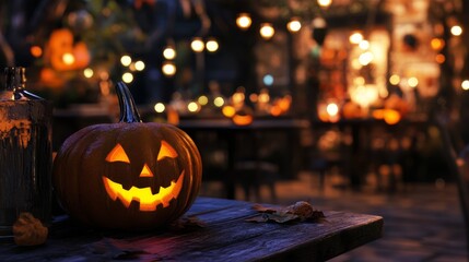 Halloween cafe table close-up. Dark background. Halloween holiday event