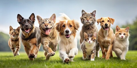 A Group of Dogs and Cats Playing in the Grass, 7 Animals, Dogs and Cats, Grass, Outdoor ,animals , pets