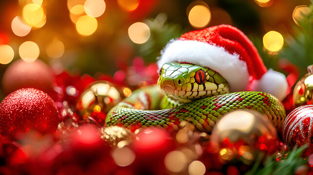 A Yellow and green snake in Santa's hat on a New Year's background. The symbol of the New Year 2025. 