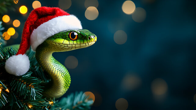 A Yellow and green snake in Santa's hat on a New Year's background. The symbol of the New Year 2025. 