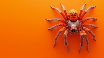 Orange background with a 3D top view of a crawling spider is scary and creepy. It's a great image for Halloween and advertising concepts.