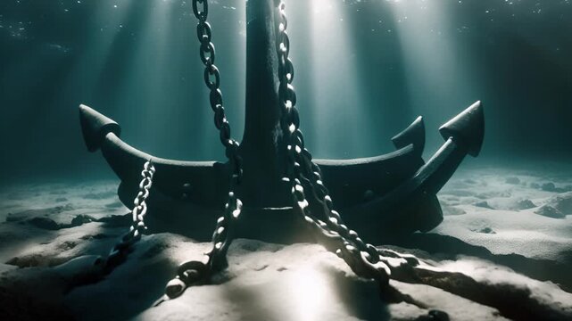 vintage anchor on the bottom, old sea anchor on the bottom of the sea
