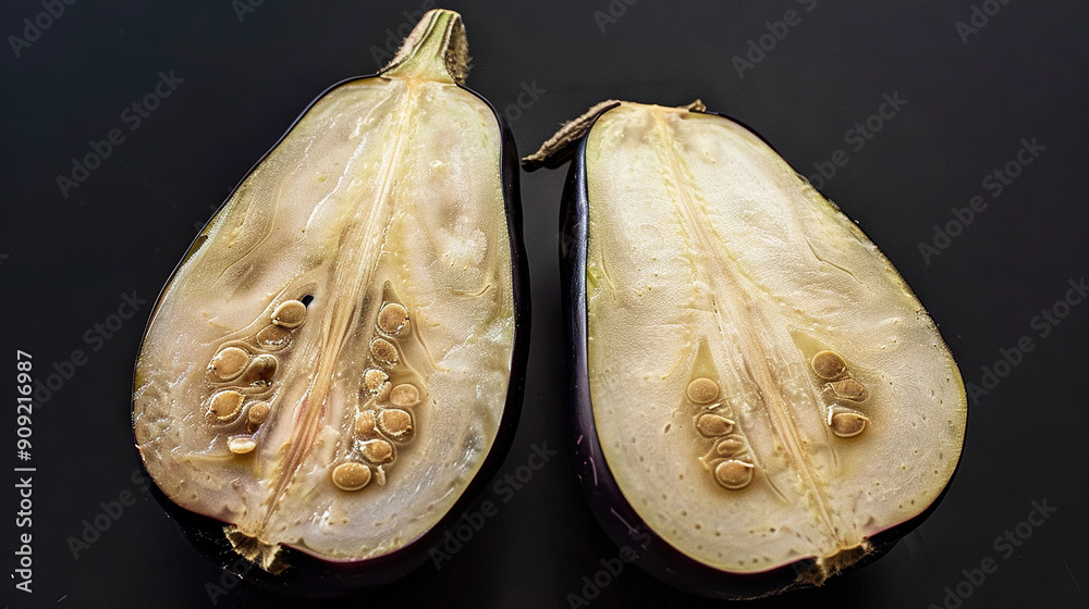 Poster   An eggplant split in half, showcased against a dark background with water droplets