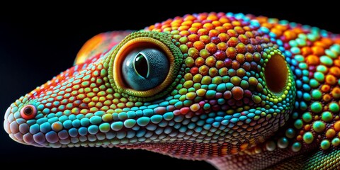 Naklejka premium Close-Up of a Multicolored Gecko Eye, Macro Photography of a Reptile's Eye, Vibrant Reptile Skin Texture, Gecko Eye Macro Photography, reptile, gecko, macro