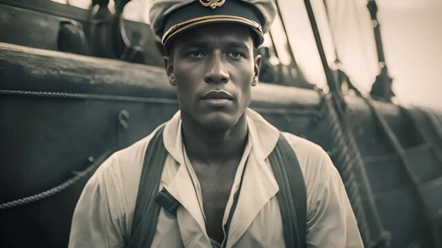 Close-up of a sailor on a retro ship, vintage ship