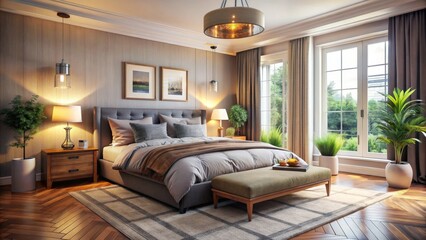 Cozy Bedroom Interior Design with Grey Bed and Wooden Flooring, bedroom , interior , design , furniture