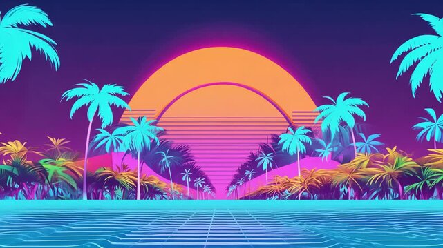 Tropical sunset with palm trees road and mountains. Neon abstract motion background with retro wave landscape. Electronic retro video clip cover. Vivid synthwave, vaporwave animation screensaver.