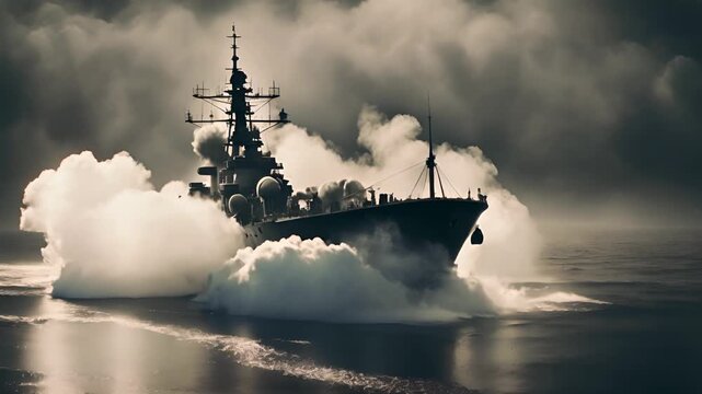 ship in the fog, shell hitting vintage warship, smoke