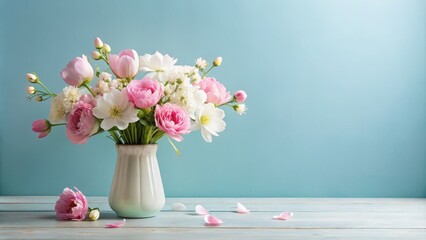 Fototapeta premium Delicate Pink and White Bouquet in a Ceramic Vase on a Blue Wooden Table, Flowers, Still Life, Pastel, Minimalism, Floral Arrangement, Bouquet