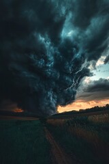 Ominous Storm Clouds Over Country Road - A dramatic and dark cumulonimbus cloud formation looms over a deserted country road at sunset, creating an eerie and powerful scene.