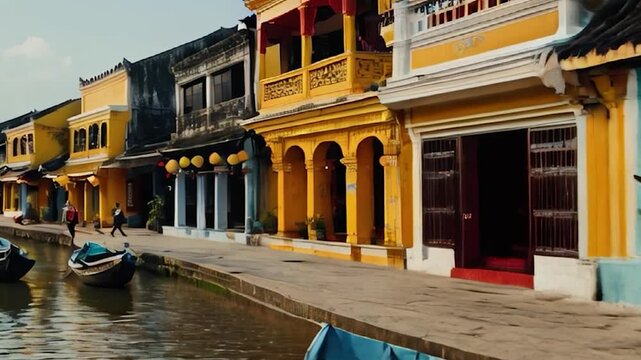 Colorful Buildings Along a Canal in Hoi An, Vietnam