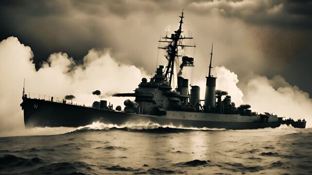 burning warship sinks, old ship sinks under water
