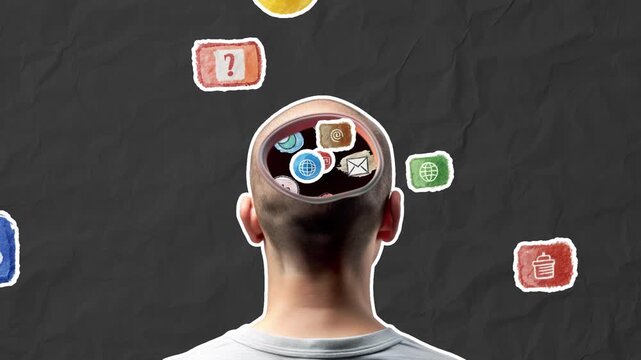 A man without a brain sits with his back to the camera and various slogans fly into his empty head. The concept of information garbage. Stop motion animation on black paper background