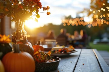 Thanksgiving table setting outdoors with pumpkins and candles. Autumn home decoration