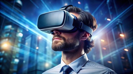 Man with VR Headset in Futuristic City, Virtual Reality, Metaverse, Digital World, Technology