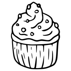 cupcake with cream and sprinkles topping hand drawn outline illustration