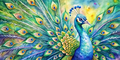 Fototapeta premium Peacock Feathers Watercolor Painting, Watercolor, Peacock, Bird, Feathers , Nature