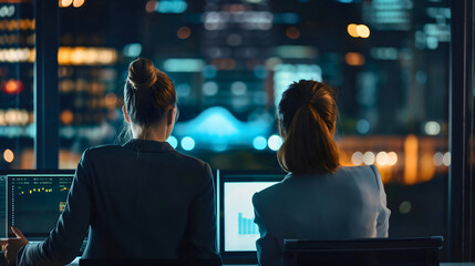Rearview of two young businesswomen, adult Caucasian women at the workplace, professional female managers, job coworkers or colleagues working the night shift in the office analyzing, using computer