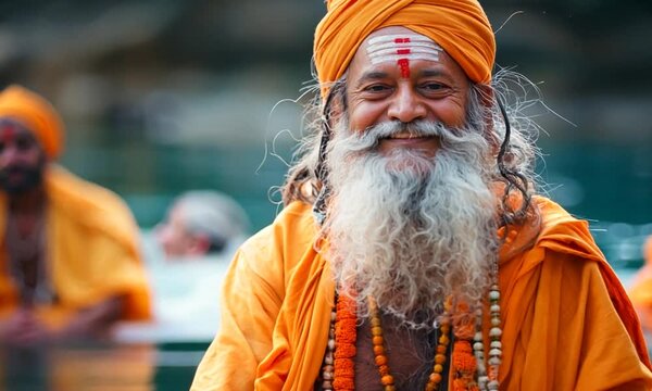 Indian guru smiles with his disciples behind him	
