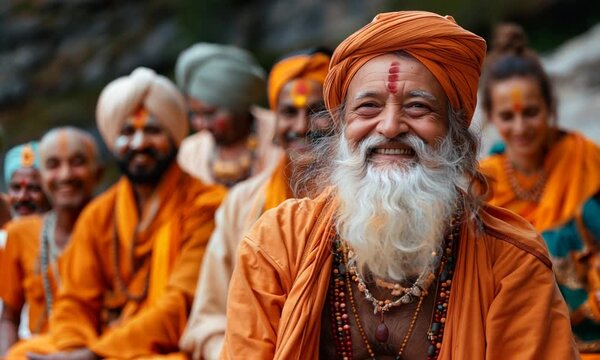 Indian guru smiles with his disciples behind him	