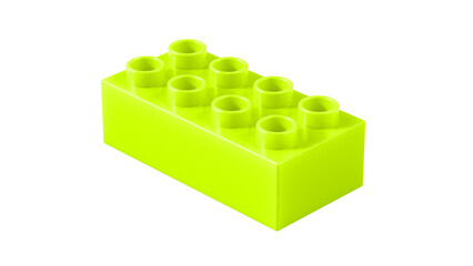 Fototapeta premium Lime Green Plastic Building Block Isolated on White Background. Children Toy Brick, Perspective View. Close Up View of a Game Block for Construction. 3D Rendering. 8K Ultra HD, 7680x4320, 300 dpi 