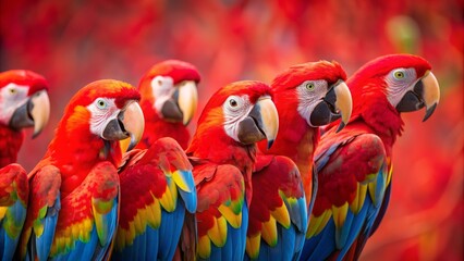 Fototapeta premium Scarlet Macaws Close-up Vivid Feathers Against Red Blur, parrot, bird, tropical, macaw