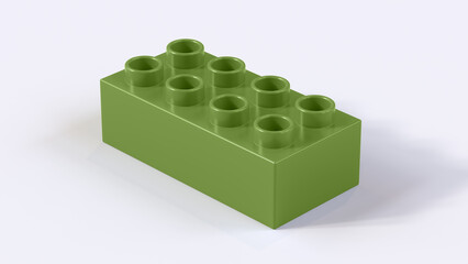 Fototapeta premium Olive Green Plastic Building Block on White Background. Children Toy Brick, Perspective View. Close Up View of a Game Block for Construction. 3D Rendering. 8K Ultra HD, 7680x4320, 300 dpi