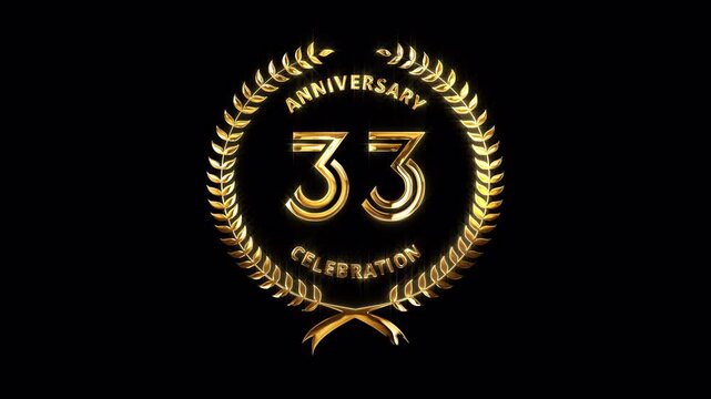 33rd Anniversary Celebration. Happy 33 Years Anniversary Animation in Gold Color on the Transparent Background, Alpha Channel. Great for greetings, celebrations, events, and gifts.