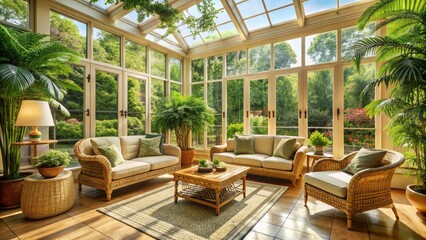 Sunlit Garden Room with Wicker Furniture and Greenery, conservatory , sunroom , interior design , garden room
