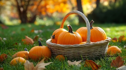 Pumpkins and a basket lie on grass in the fall.