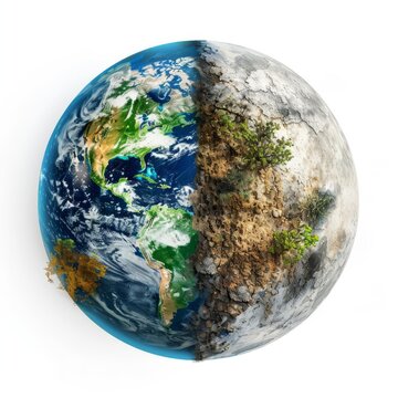 A globe showing thriving earth on one side, polluted on the other, digital art, isolated on white background