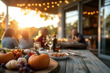 Fototapeta premium Thanksgiving table setting outdoors with pumpkins and candles. Autumn home decoration 
