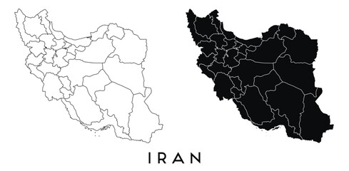 Iran map of regions districts vector black on white and outline