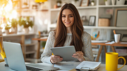 Fototapeta premium A woman with long brown hair, seated at a table in a brightly lit room. She is holding a tablet and appears to be smiling or engaged in something on the screen. Beside her is a laptop, a yellow mug