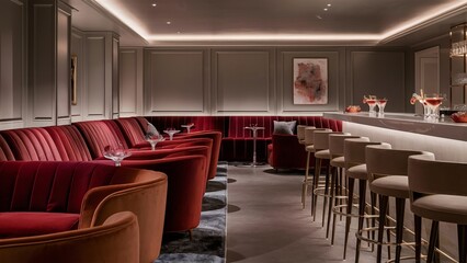 Chic Cocktail Lounge with Plush Seating and Ambient Lighting