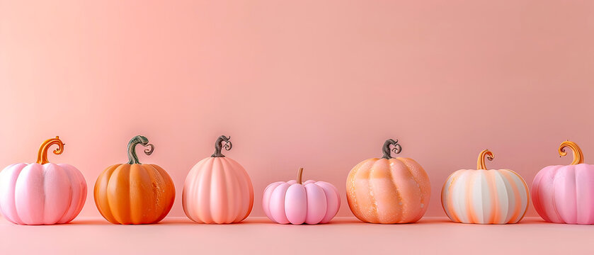 Minimal composition of pastel colorful pumpkins with copy space on a pink. Fall harvesting seasonal, Thanksgiving day concept. Autumn sale background. Generative ai